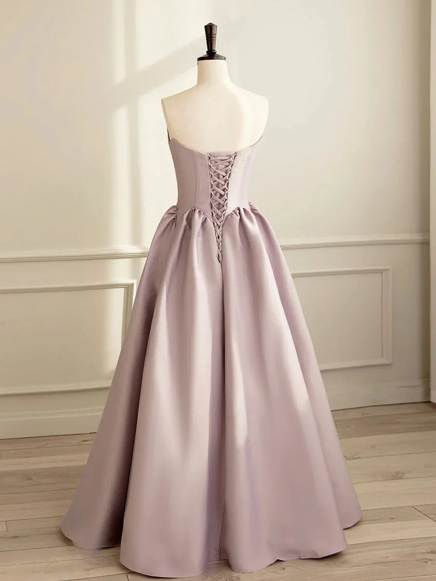 Simple A Line Satin Pink Strapless Long Prom Dresses, Pink Formal Bridesmaid Dresses