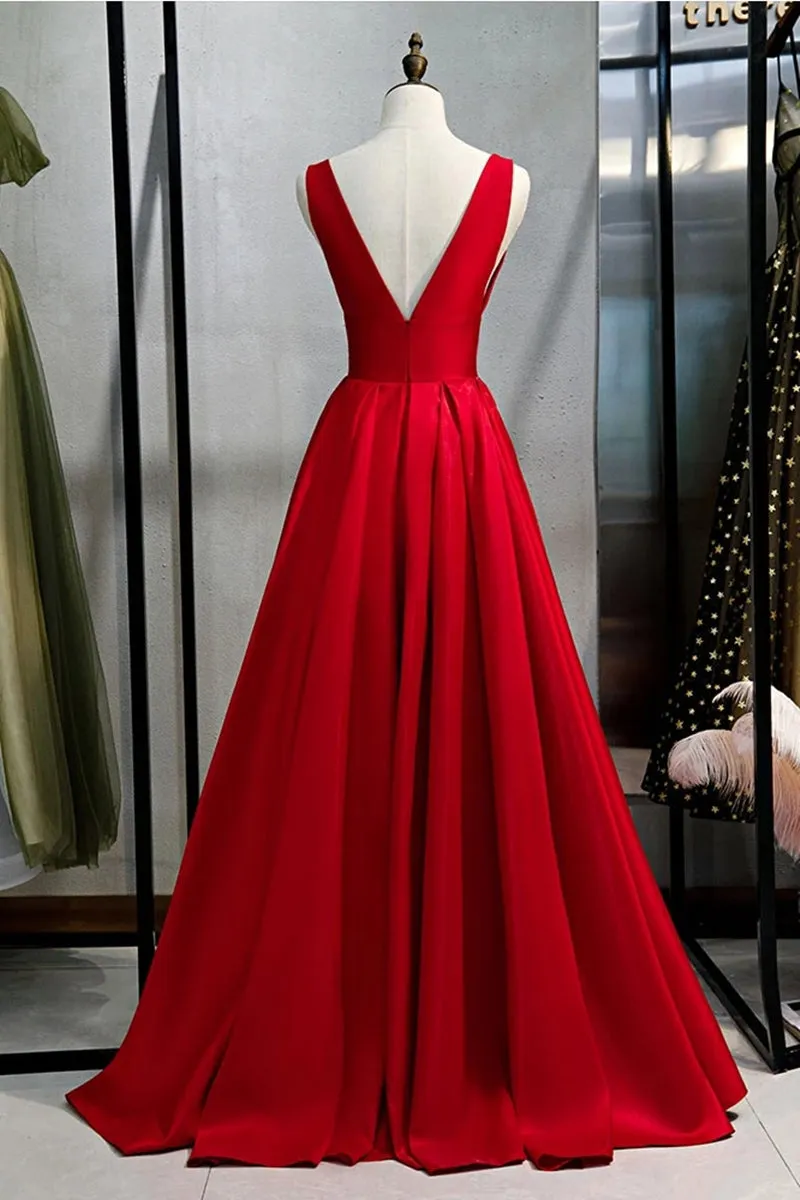 Simple A Line V Neck and V Back Red Satin Long Prom Dress, Cheap V Neck Red Formal Graduation Evening Dress