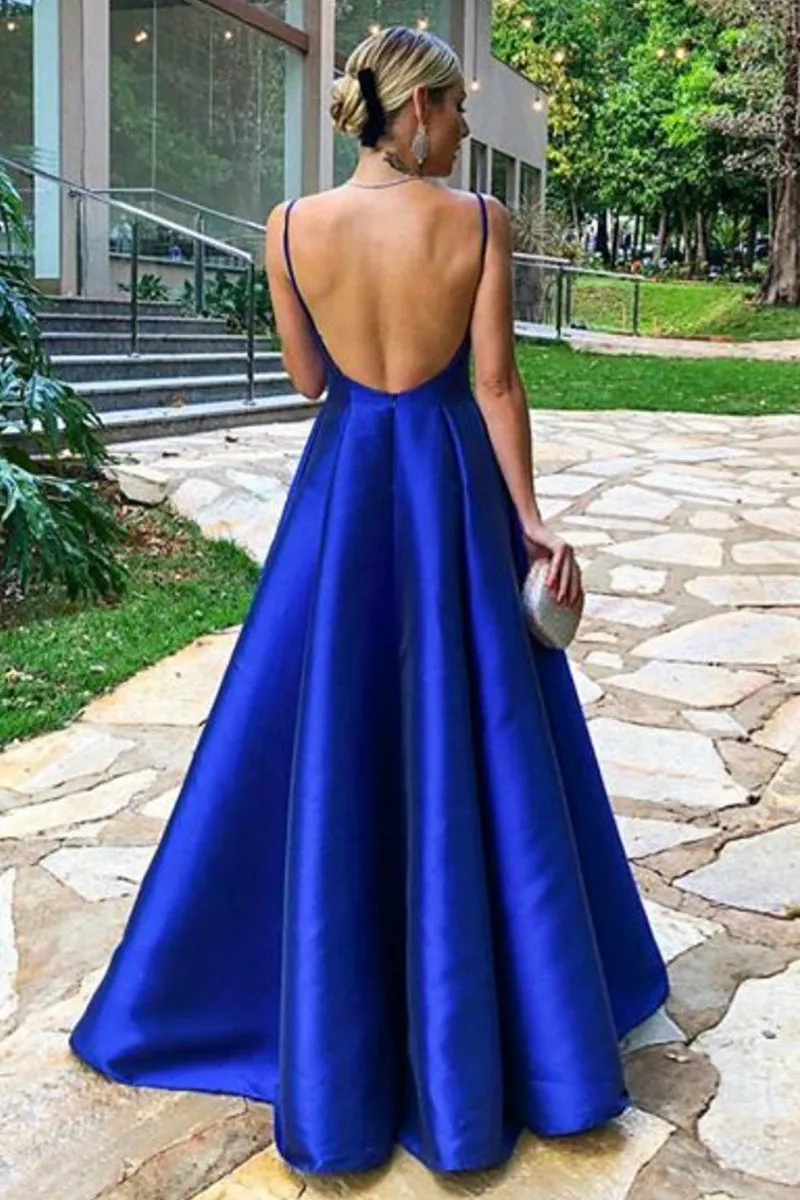 Simple A Line V Neck Backless Royal Blue Satin Long Prom Dress, V Neck Backless Royal Blue Formal Dress, Royal Blue Evening Dress