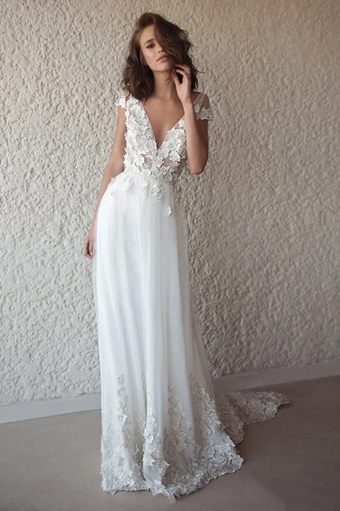 Simple A-line V-neck Backless Short Sleeves Bridal Gown Wedding Dresses Appliques OHD125