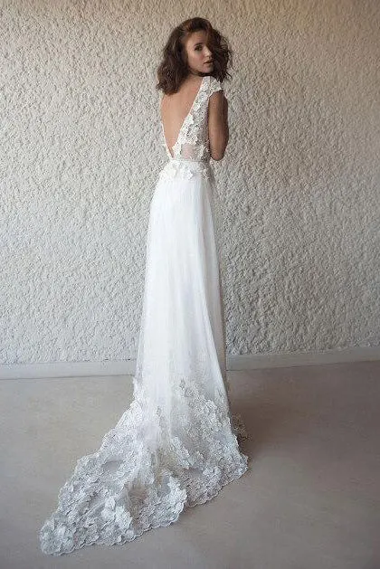 Simple A-line V-neck Backless Short Sleeves Bridal Gown Wedding Dresses Appliques OHD125