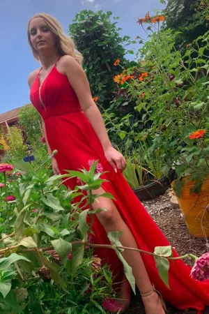 Simple A Line V Neck Red Long Prom Dress with Slit, V Neck Red Long Formal Graduation Evening Dress, Red Bridesmaid Dress