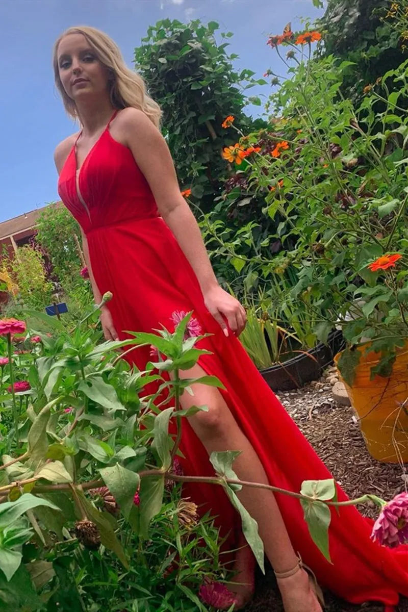 Simple A Line V Neck Red Long Prom Dress with Slit, V Neck Red Long Formal Graduation Evening Dress, Red Bridesmaid Dress