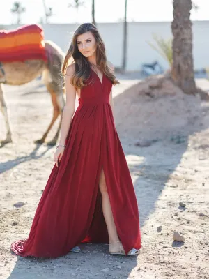 Simple A-line V Neck Sweep Train Sleeveless Long Burgundy Chiffon Prom Dresses/Evening Dress OHC288