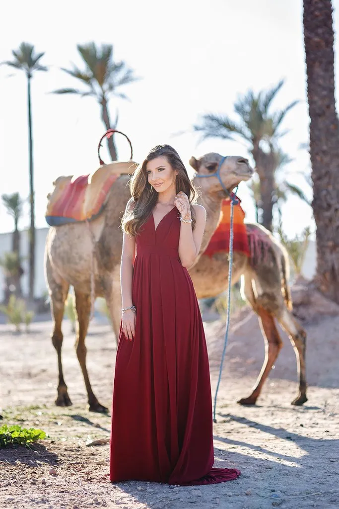 Simple A-line V Neck Sweep Train Sleeveless Long Burgundy Chiffon Prom Dresses/Evening Dress OHC288