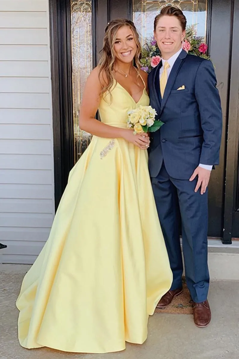 Simple A Line V Neck Yellow Satin Long Prom Dress with Pockets, V Neck Yellow Formal Dress, Yellow Evening Dress