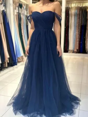 Simple Off Shoulder Navy Blue Tulle Long Prom Dresses, Off the Shoulder Formal Evening Dresses