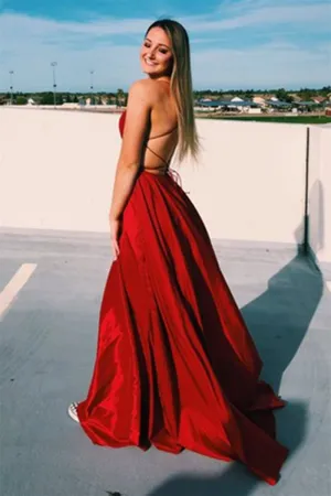 Simple Satin Backless Long Red Prom Dress, Backless Red Formal Graduation Evening Dress