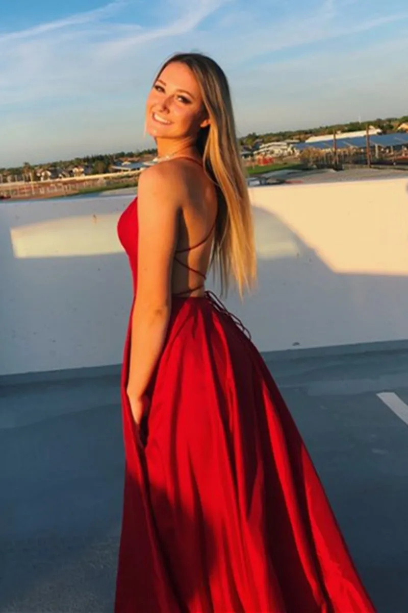 Simple Satin Backless Long Red Prom Dress, Backless Red Formal Graduation Evening Dress