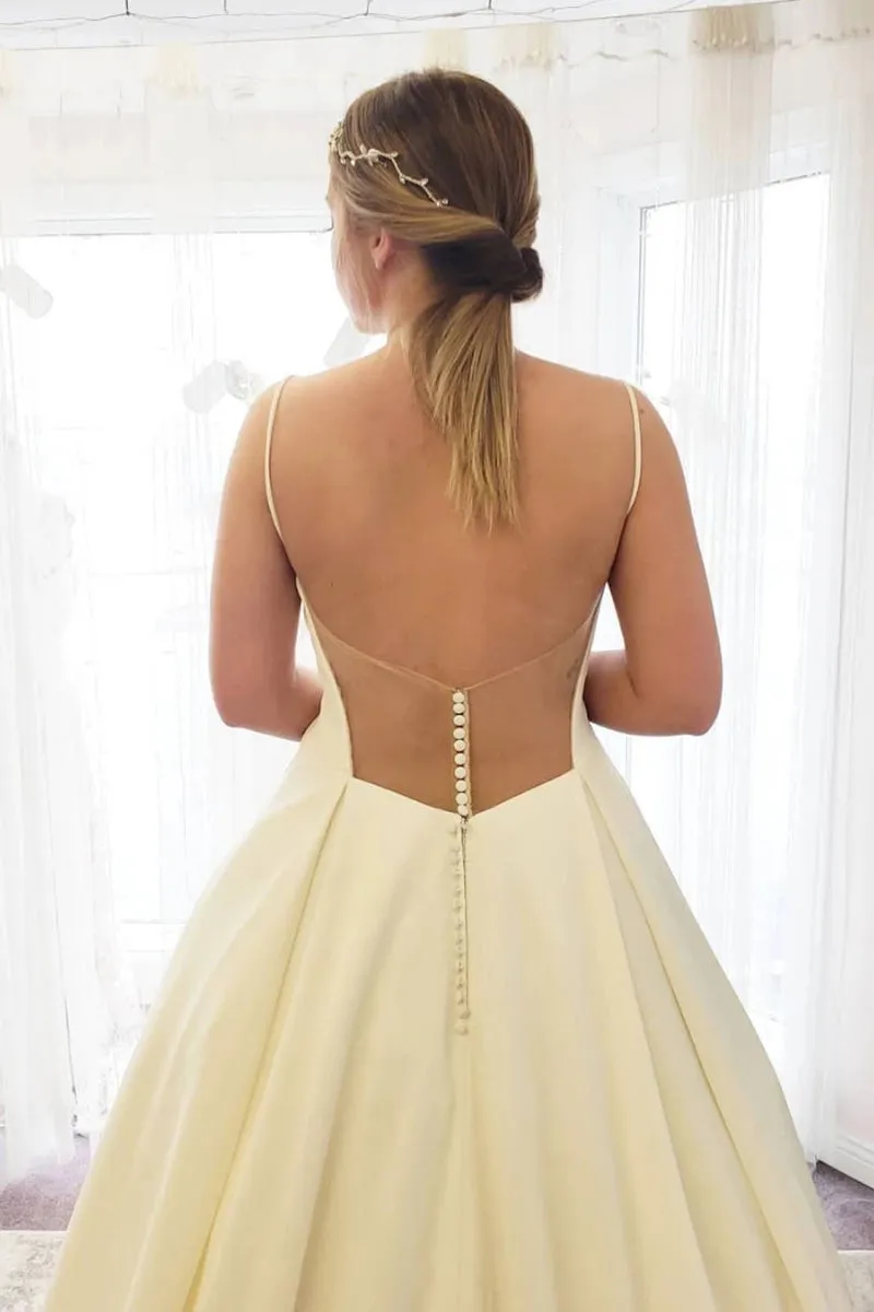 Simple V Neck Backless Ivory Wedding Dress with Train, V Neck Backless Ivory Long Prom Dress, Backless Ivory Formal Evening Dress