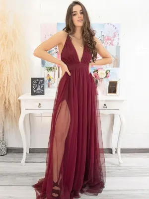 Simple V Neck Purple Burgundy Tulle Long Prom Dresses, Simple V Neck Purple Burgundy Tulle Long Formal Evening Dresses