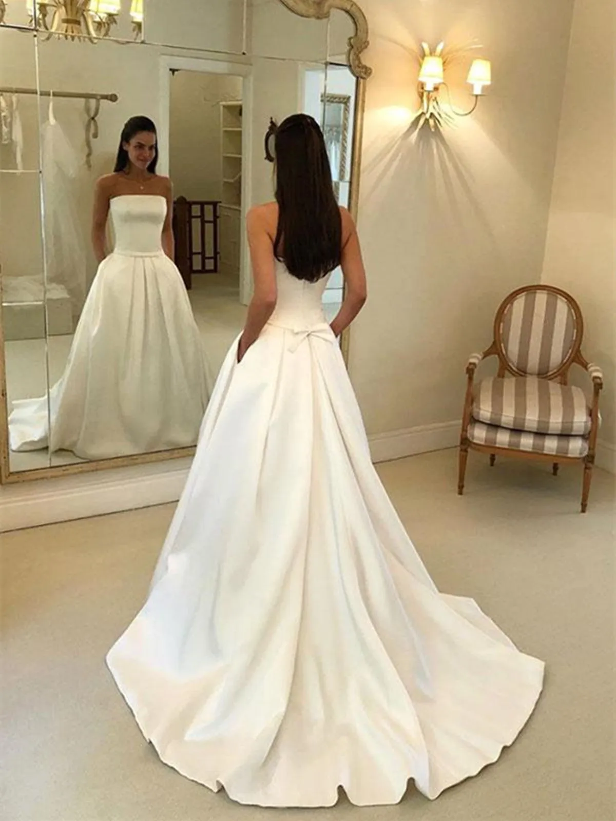 Simple white satin long prom dress, white evening dress with pocket