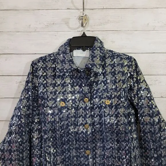 Six Fifty Boutique Pixie Jacket Denim Blue Silver Sequin Embellished Size XS