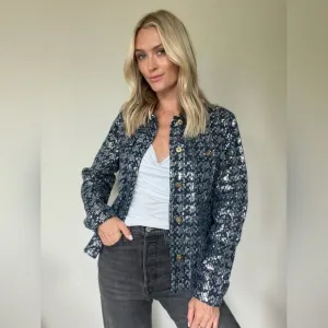 Six Fifty Boutique Pixie Jacket Denim Blue Silver Sequin Embellished Size XS