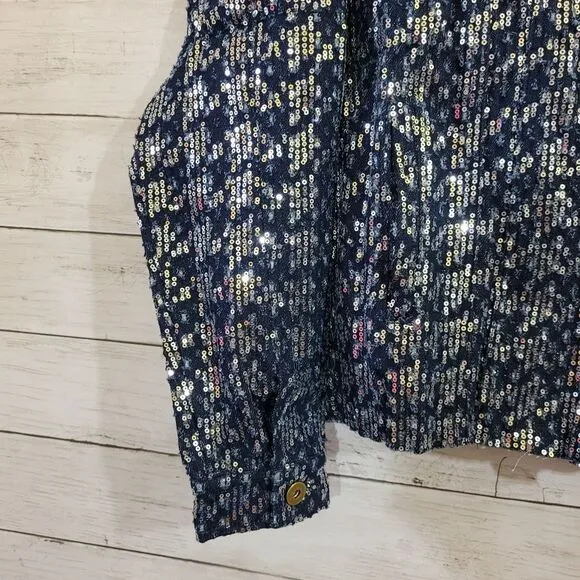 Six Fifty Boutique Pixie Jacket Denim Blue Silver Sequin Embellished Size XS