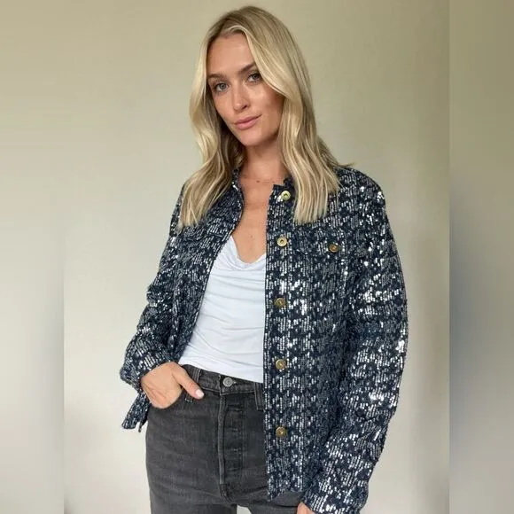 Six Fifty Boutique Pixie Jacket Denim Blue Silver Sequin Embellished Size XS
