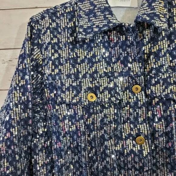 Six Fifty Boutique Pixie Jacket Denim Blue Silver Sequin Embellished Size XS