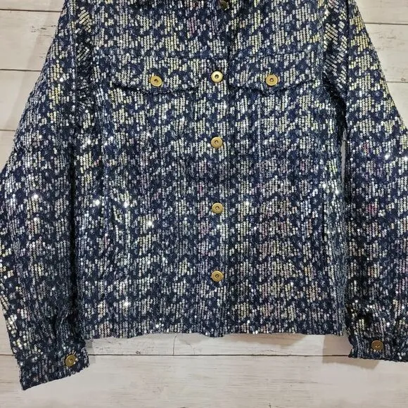 Six Fifty Boutique Pixie Jacket Denim Blue Silver Sequin Embellished Size XS