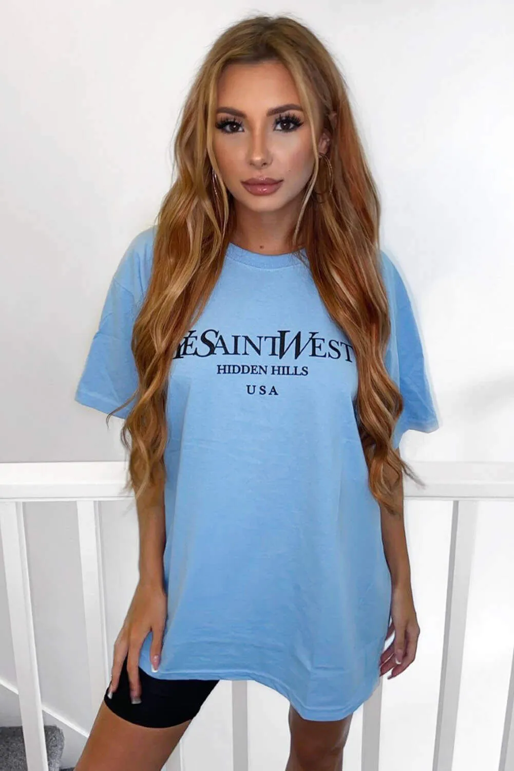 Sky Blue Slogan Printed Oversized Tee
