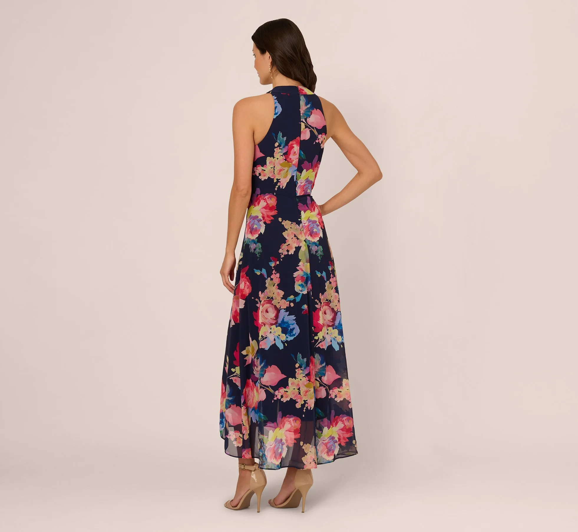 Sleeveless Floral Chiffon Overlay Jumpsuit In Navy Multi