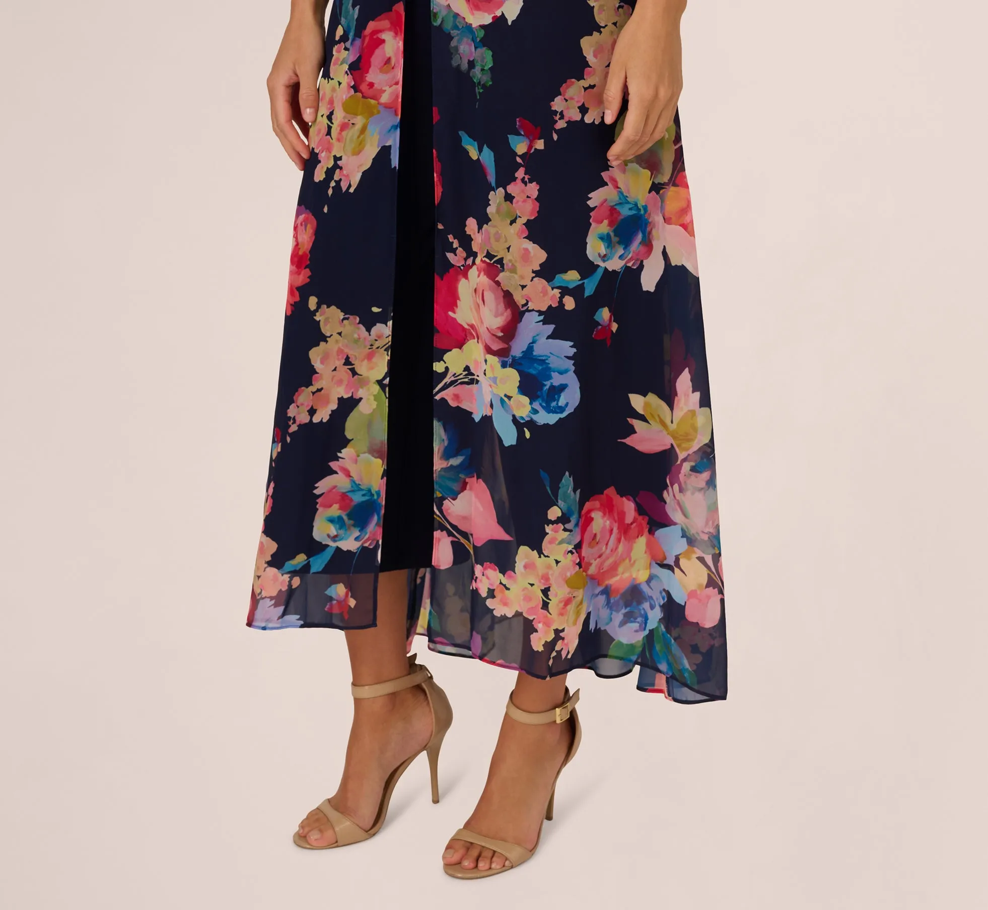 Sleeveless Floral Chiffon Overlay Jumpsuit In Navy Multi