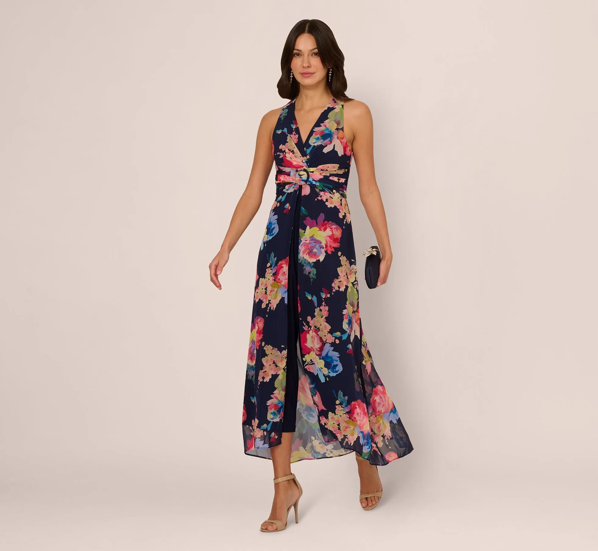 Sleeveless Floral Chiffon Overlay Jumpsuit In Navy Multi