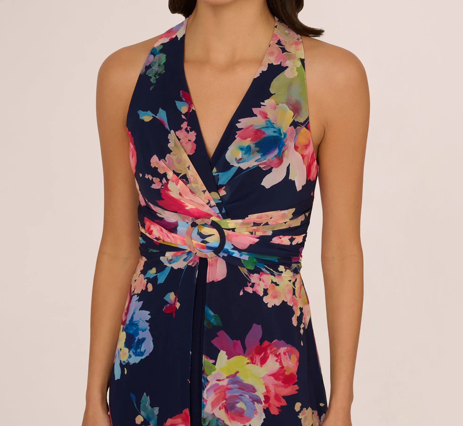 Sleeveless Floral Chiffon Overlay Jumpsuit In Navy Multi