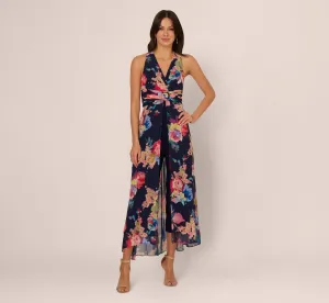 Sleeveless Floral Chiffon Overlay Jumpsuit In Navy Multi