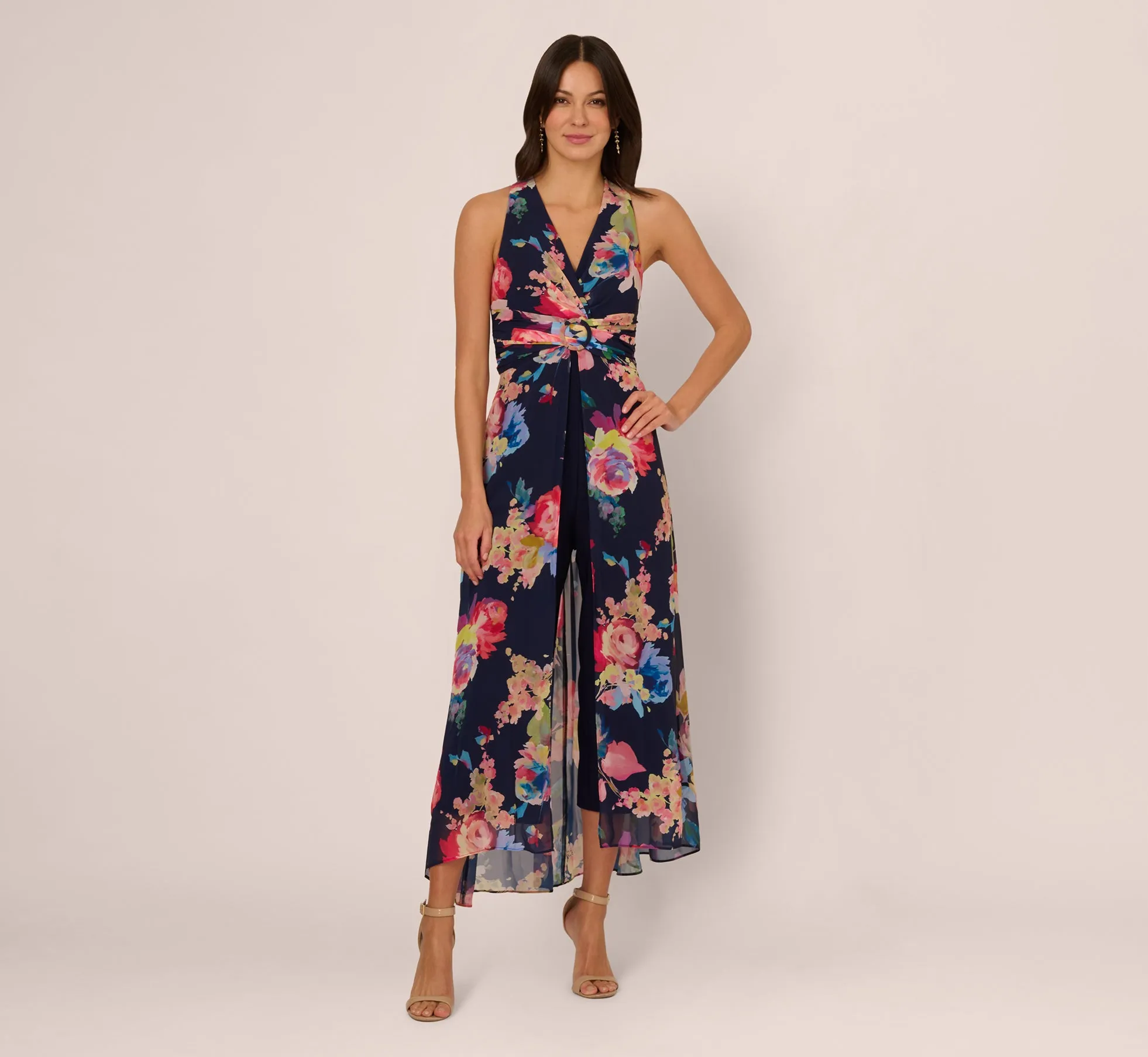 Sleeveless Floral Chiffon Overlay Jumpsuit In Navy Multi