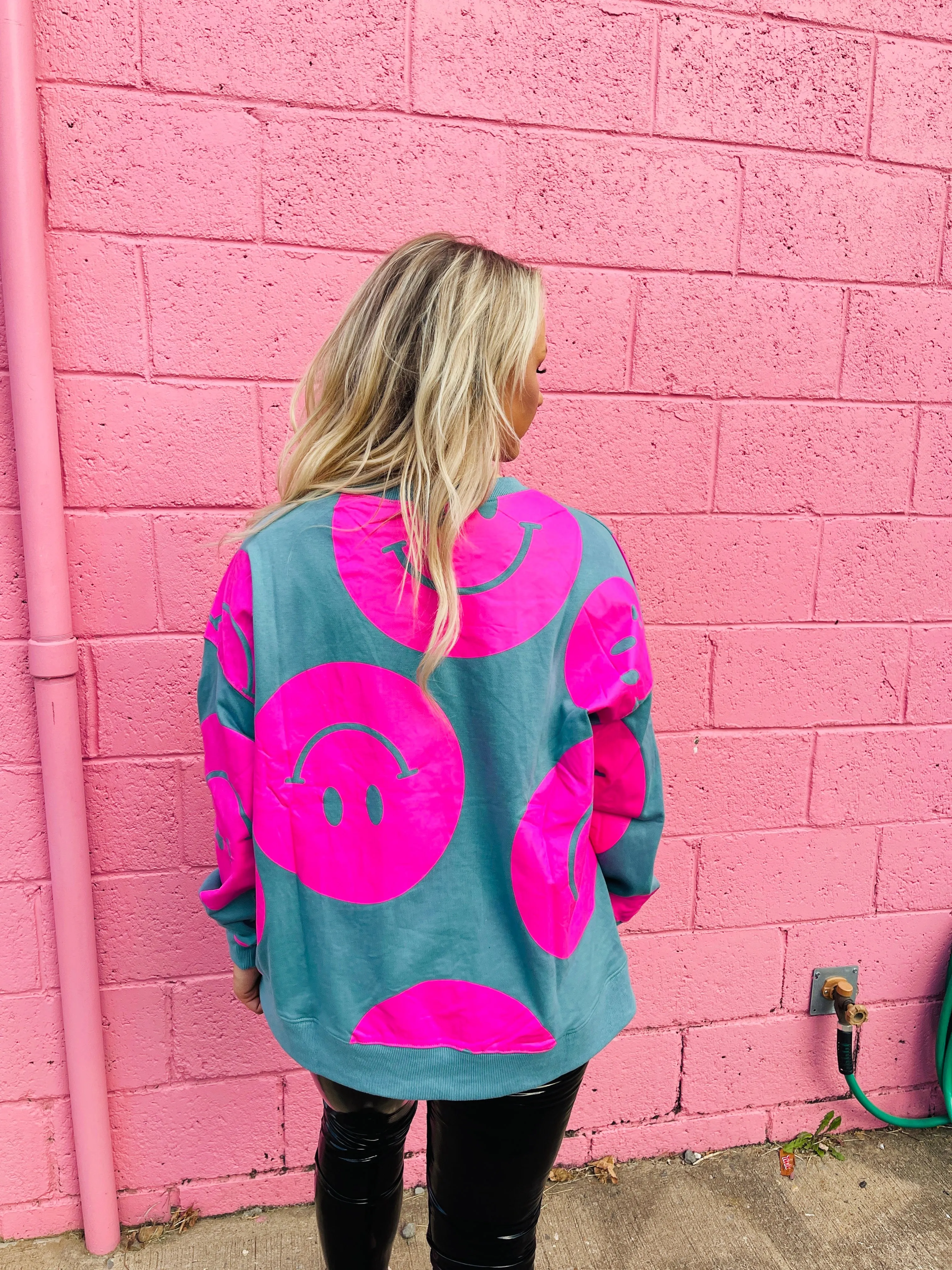 Smiley Sweatshirt- Turquoise and Pink Mix