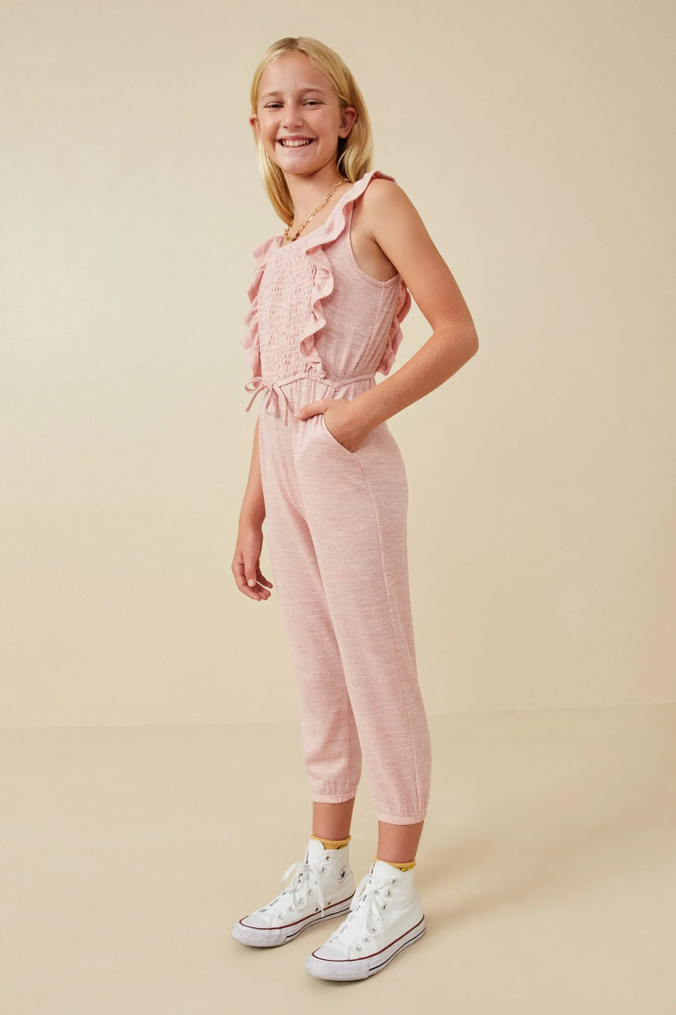 Smocked Ruffle Detail Knit Jumpsuit