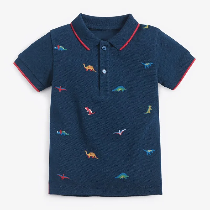 Soft Cotton Polo Shirt with Dinosaur Print - Navy