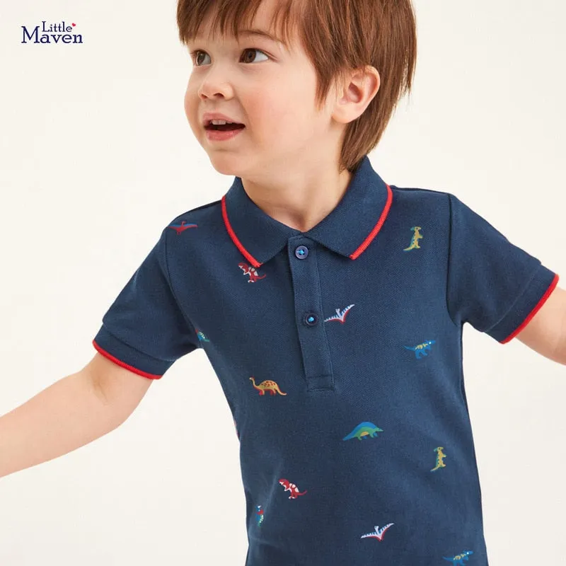 Soft Cotton Polo Shirt with Dinosaur Print - Navy