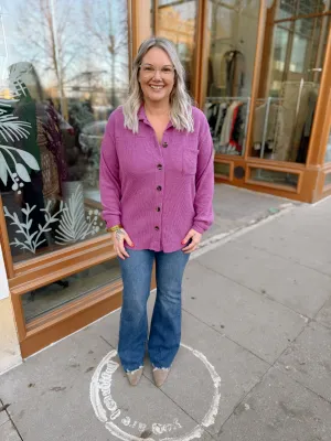 Soft Ribbed Button Down Top-Plum