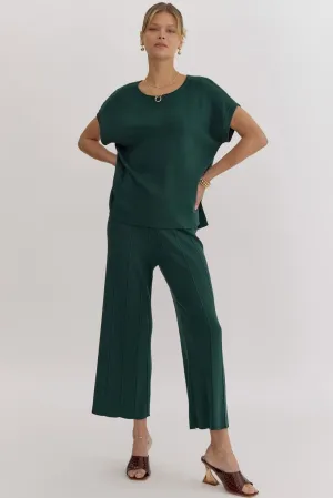Solid ribbed round neck short sleeve top and pants set.