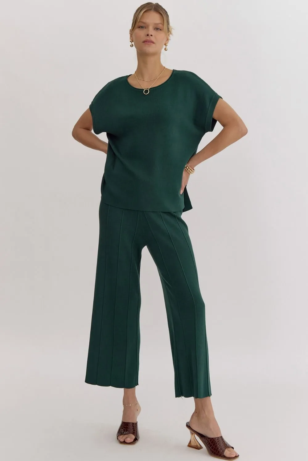 Solid ribbed round neck short sleeve top and pants set.