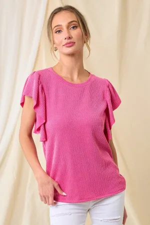 Solid Ruffle Sleeve Ribbed Short Set