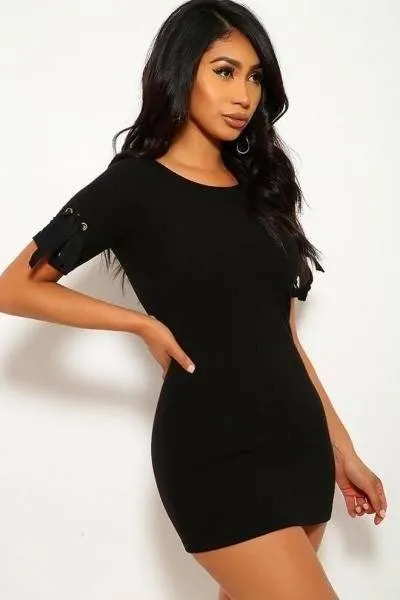 Solid, Wide Rib Knit, Scoop Neckline, Short Sleeves Dress