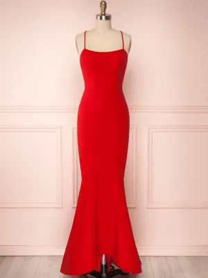 Spaghetti Straps Red Mermaid Prom Dresses, Backless Red Mermaid Formal Graduation Evening Dresses