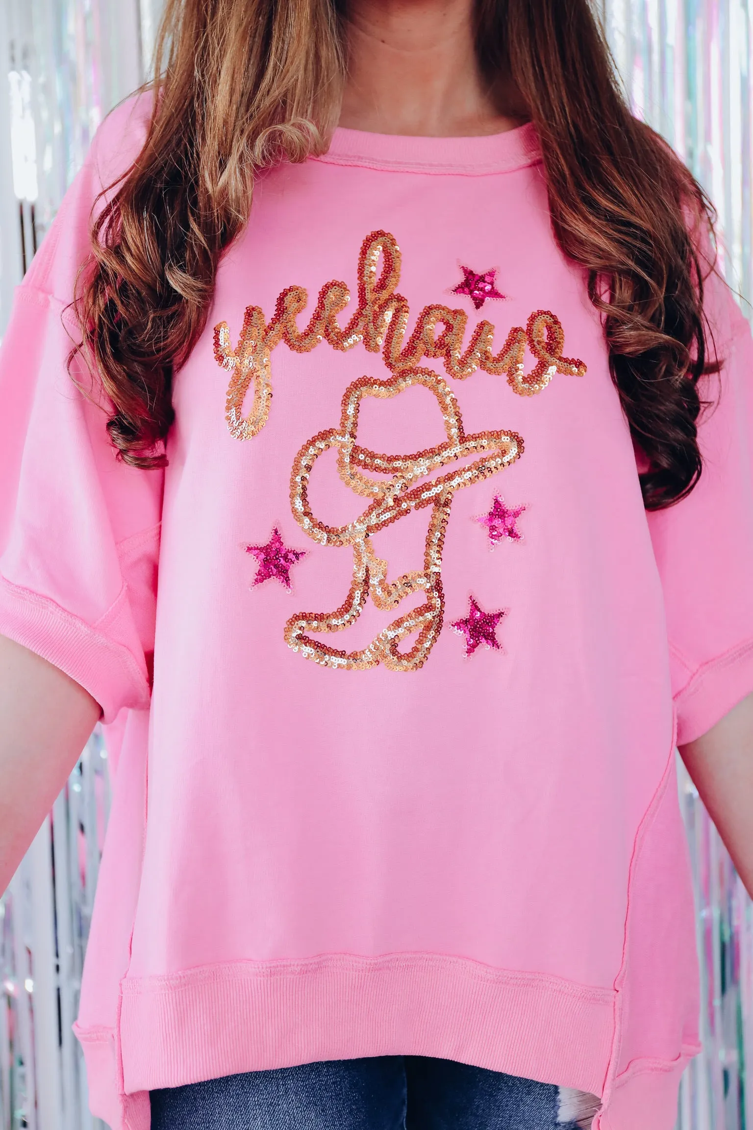 Sparkling Sequin "Yeehaw" Graphic Tee- Pink