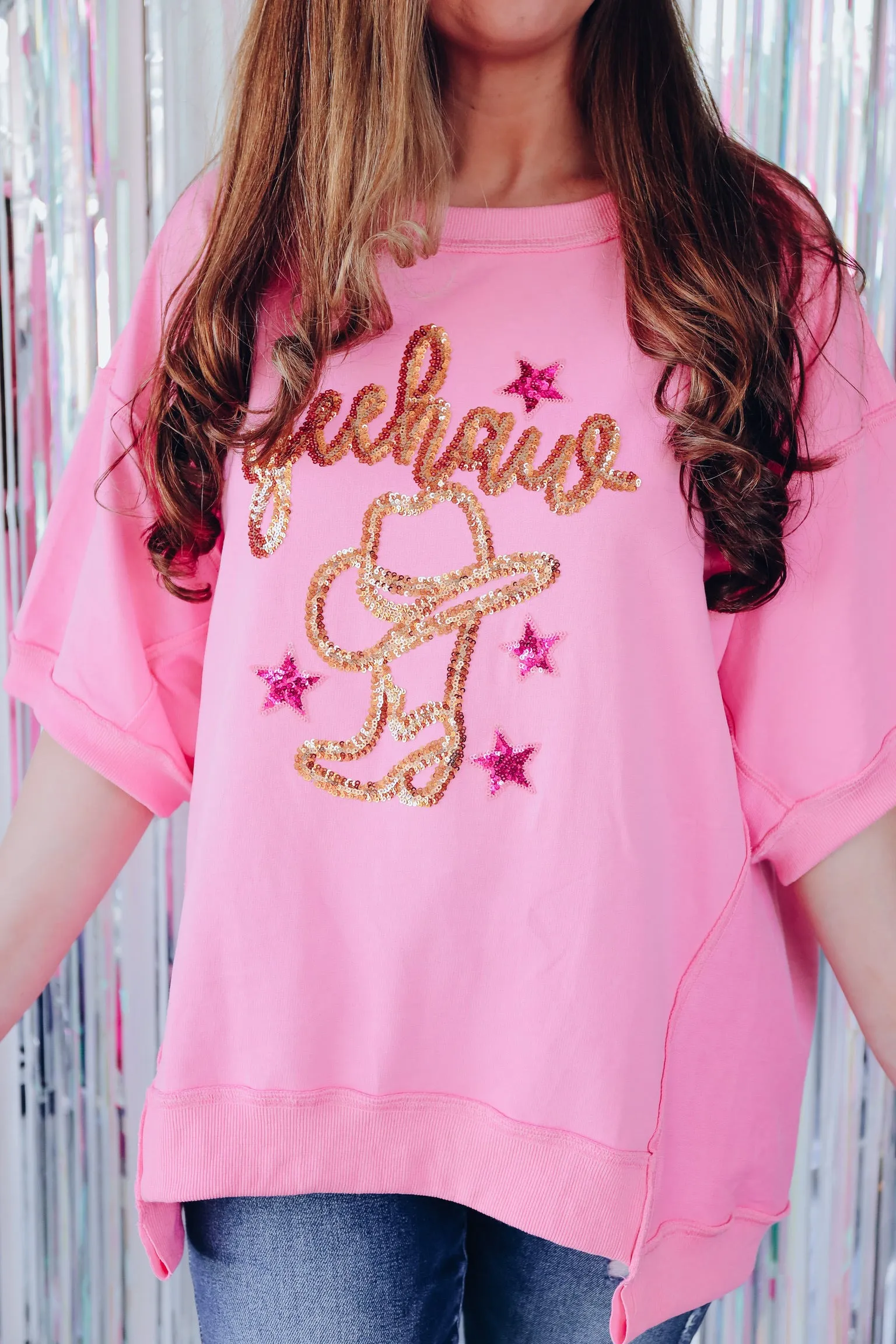 Sparkling Sequin "Yeehaw" Graphic Tee- Pink
