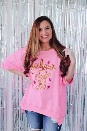 Sparkling Sequin "Yeehaw" Graphic Tee- Pink