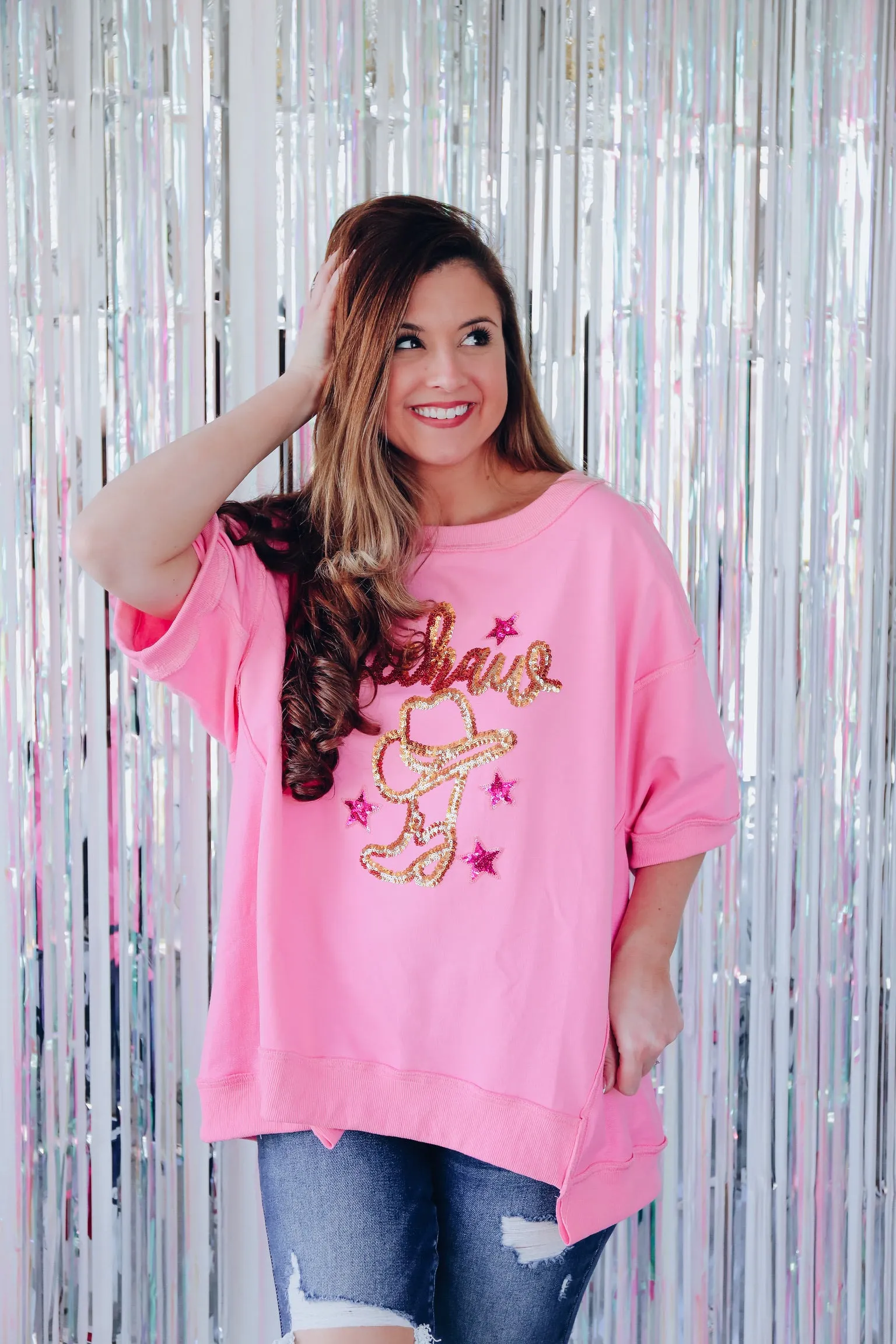 Sparkling Sequin "Yeehaw" Graphic Tee- Pink