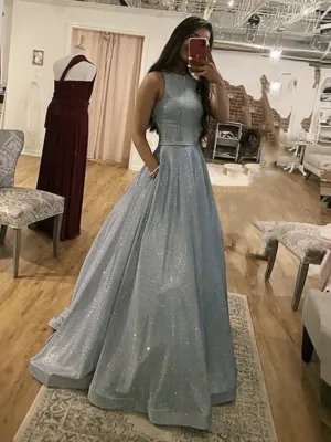 Sparkly Round Neck Silver Grey Long Prom Dresses, Silver Gray Round Neck Long Formal Evening Dresses