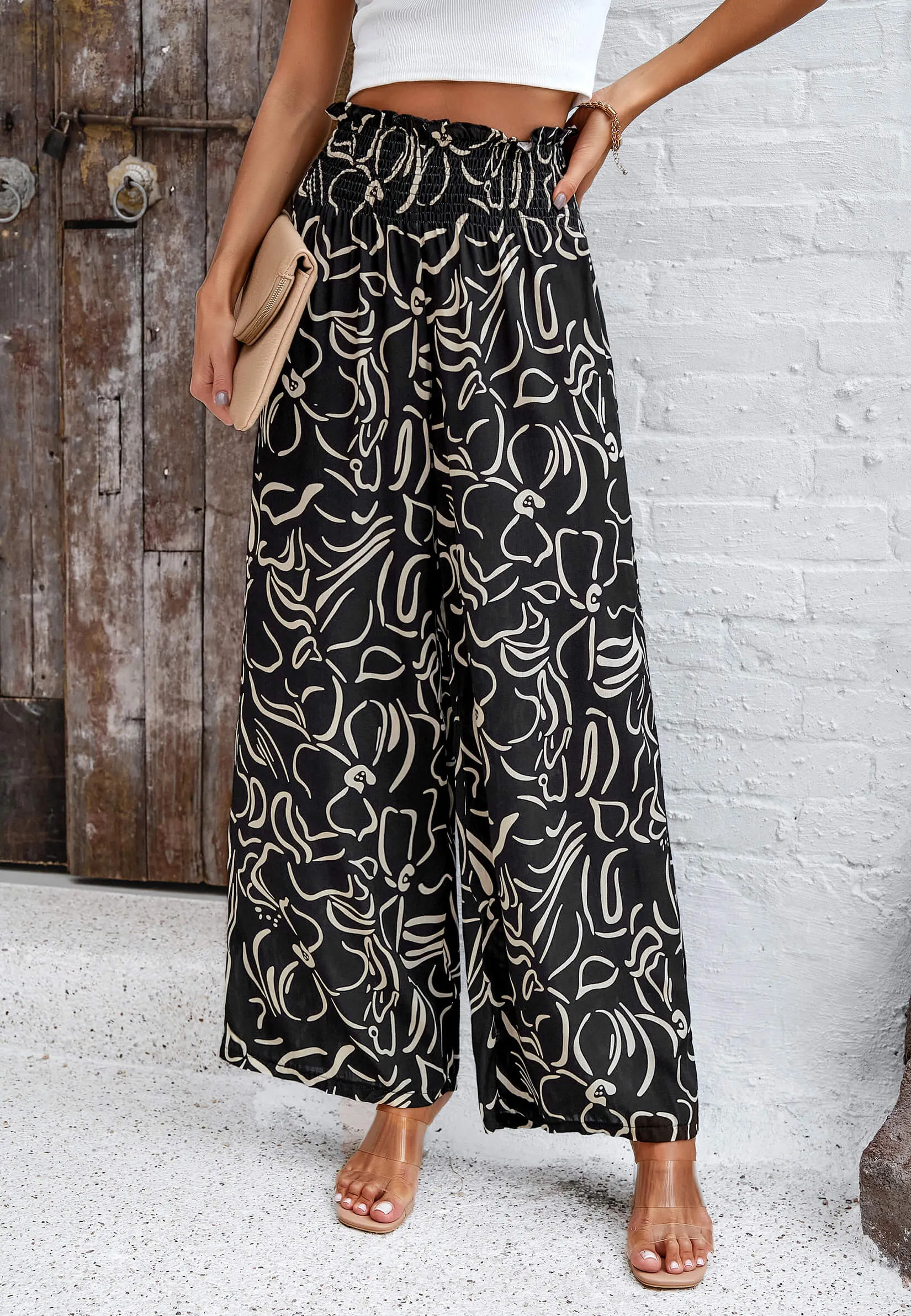 Stay With Me Printed Wide Leg Pants - Black