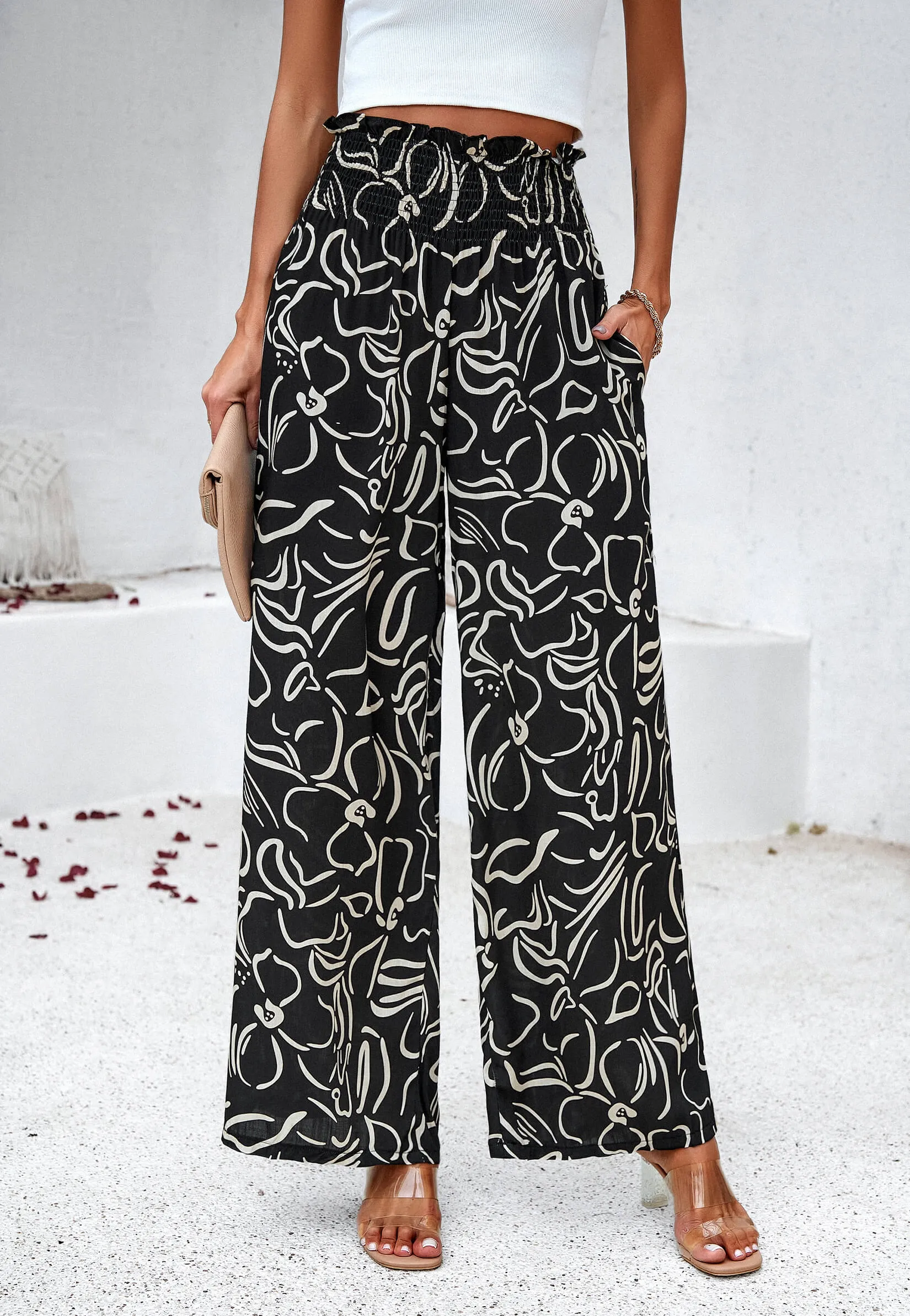 Stay With Me Printed Wide Leg Pants - Black