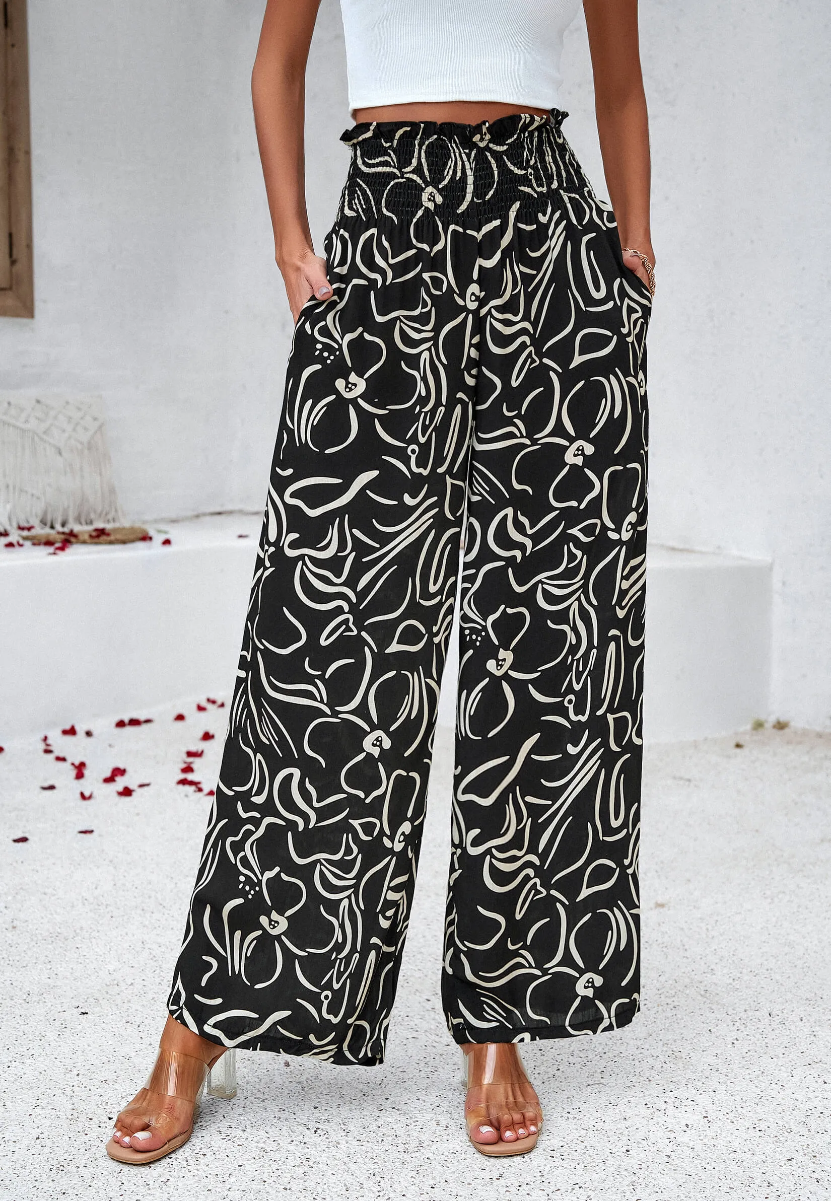 Stay With Me Printed Wide Leg Pants - Black