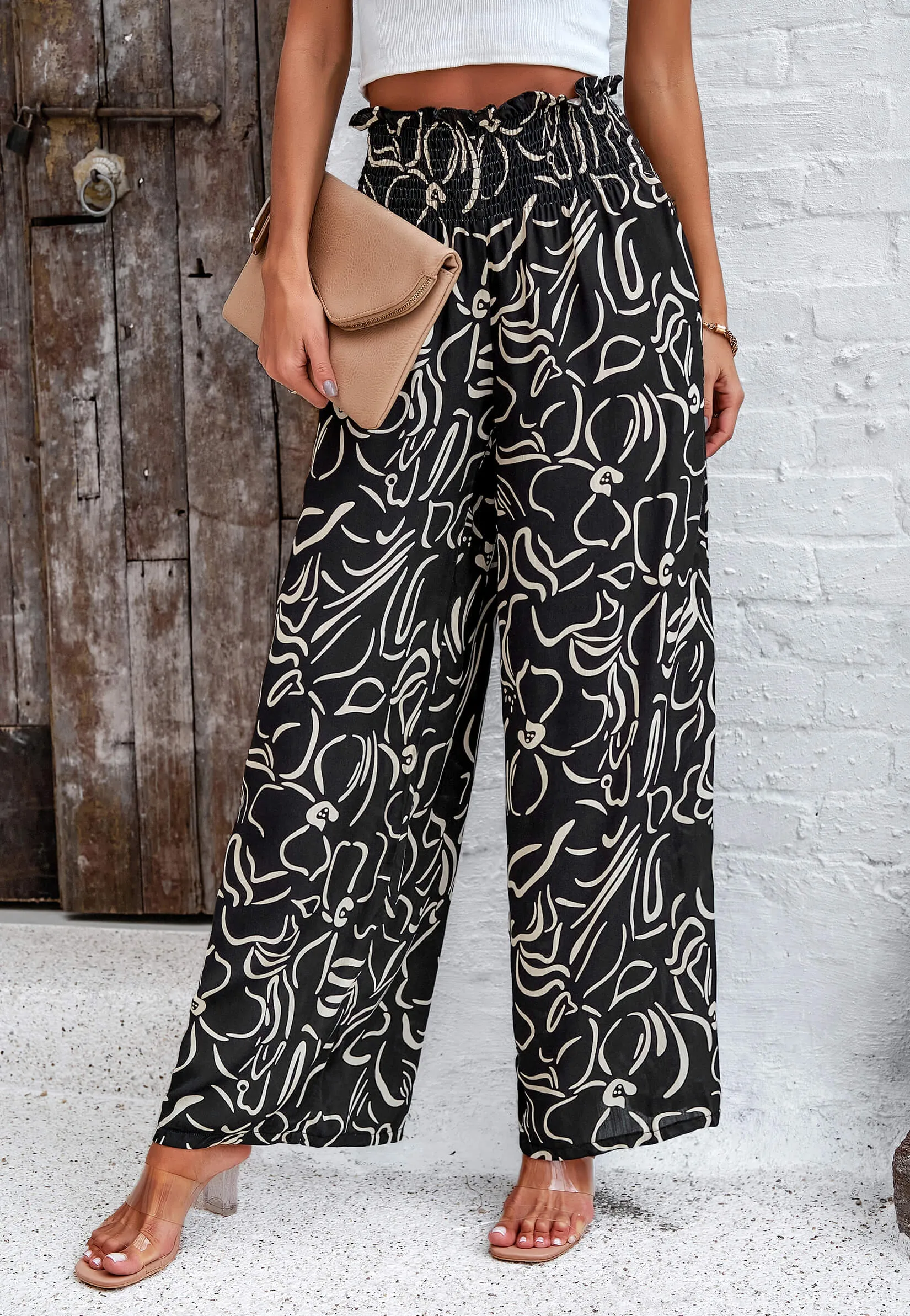 Stay With Me Printed Wide Leg Pants - Black