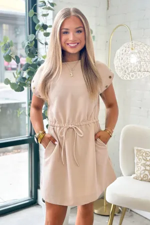 Stone Ribbed Short Sleeve Tie Waist Dress