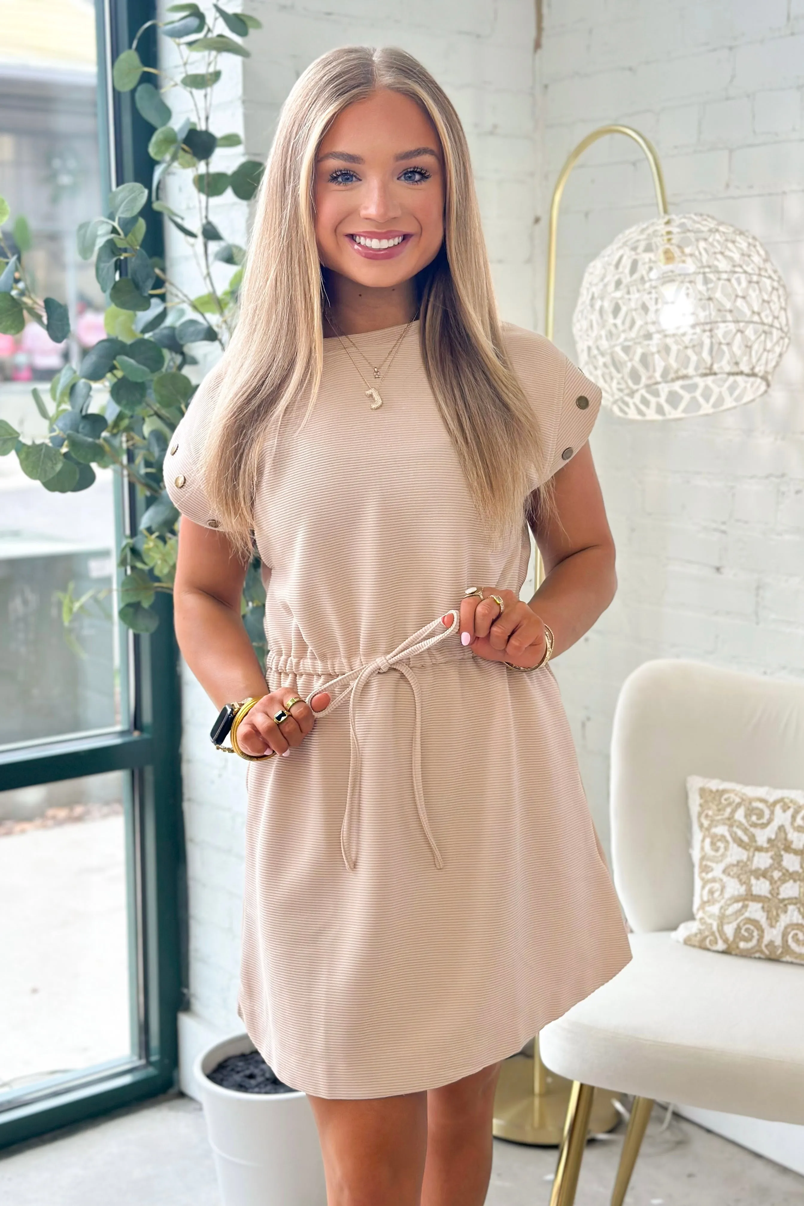 Stone Ribbed Short Sleeve Tie Waist Dress